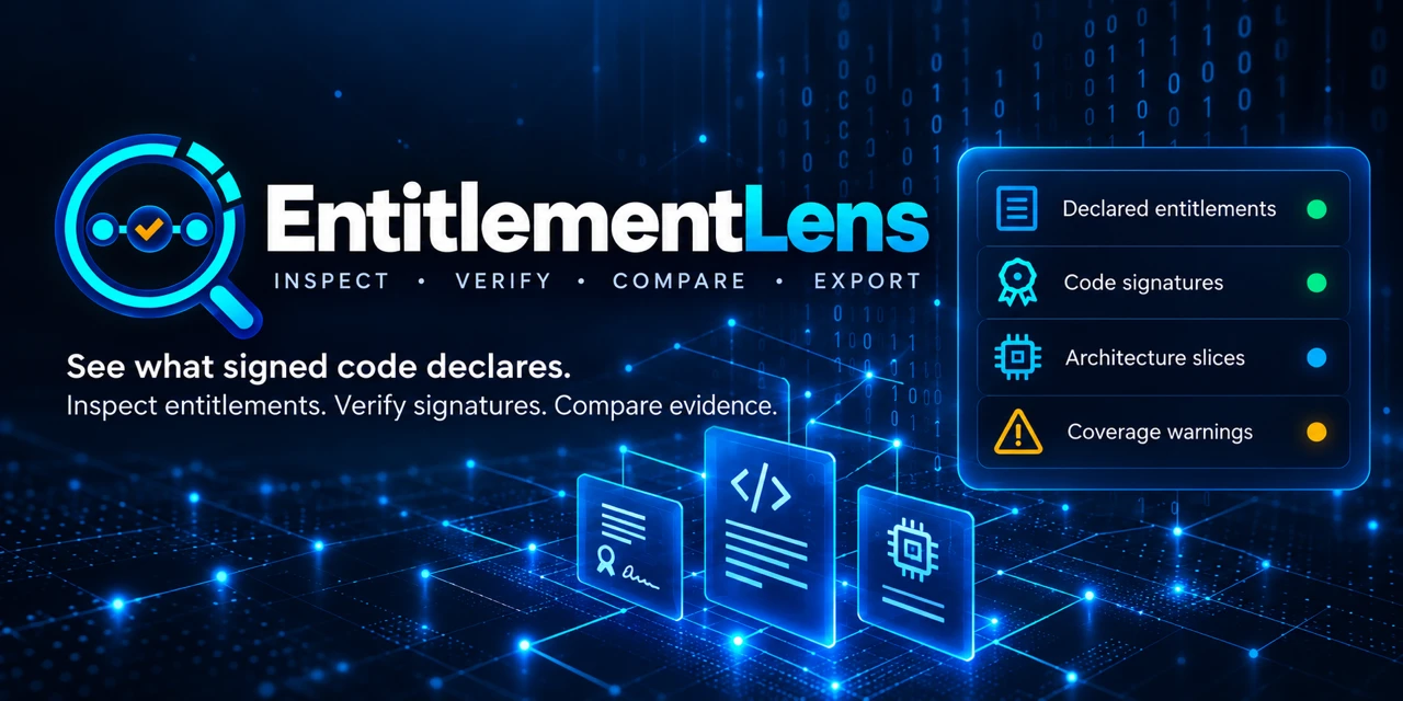 EntitlementLens inspection lens with signed-code evidence cards for declared entitlements, code signatures, architecture slices, and coverage warnings
