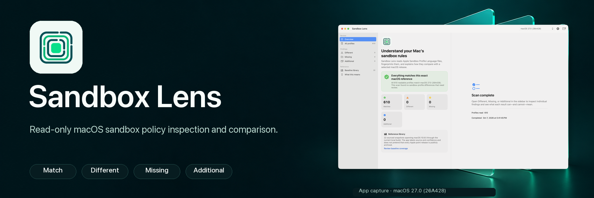 Sandbox Lens logo with a real macOS 27.0 app capture and the four policy comparison groups