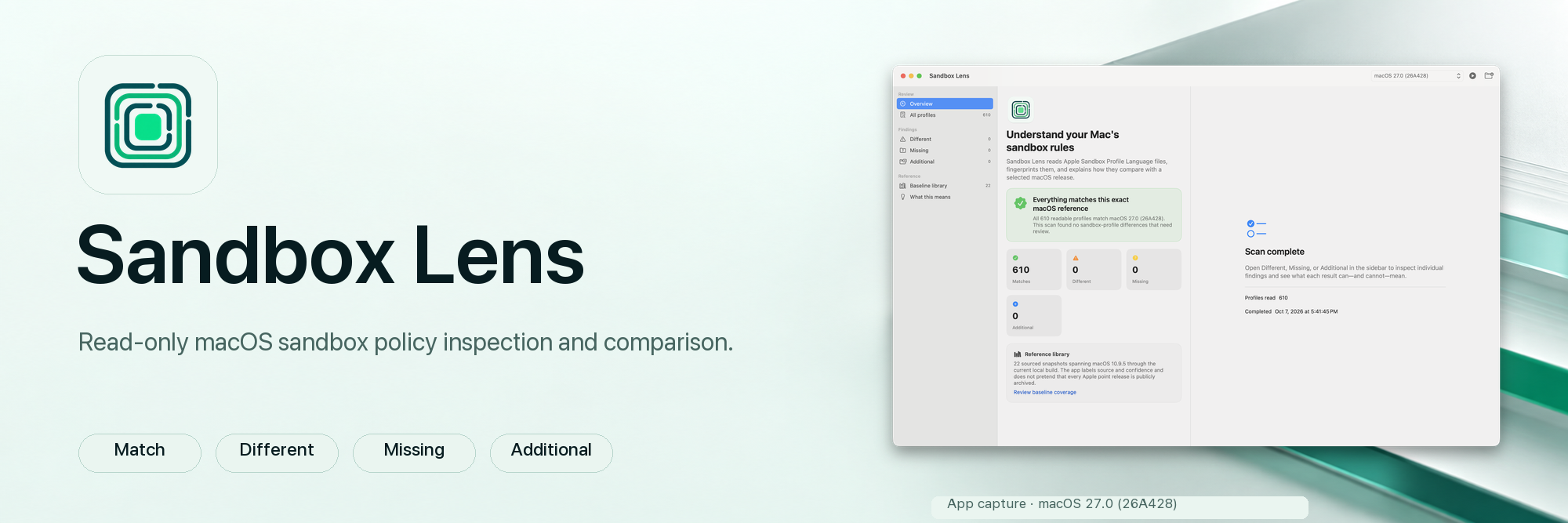 Sandbox Lens logo with a real macOS 27.0 app capture and the four policy comparison groups