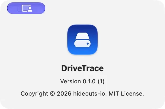 DriveTrace About panel with the original blue icon