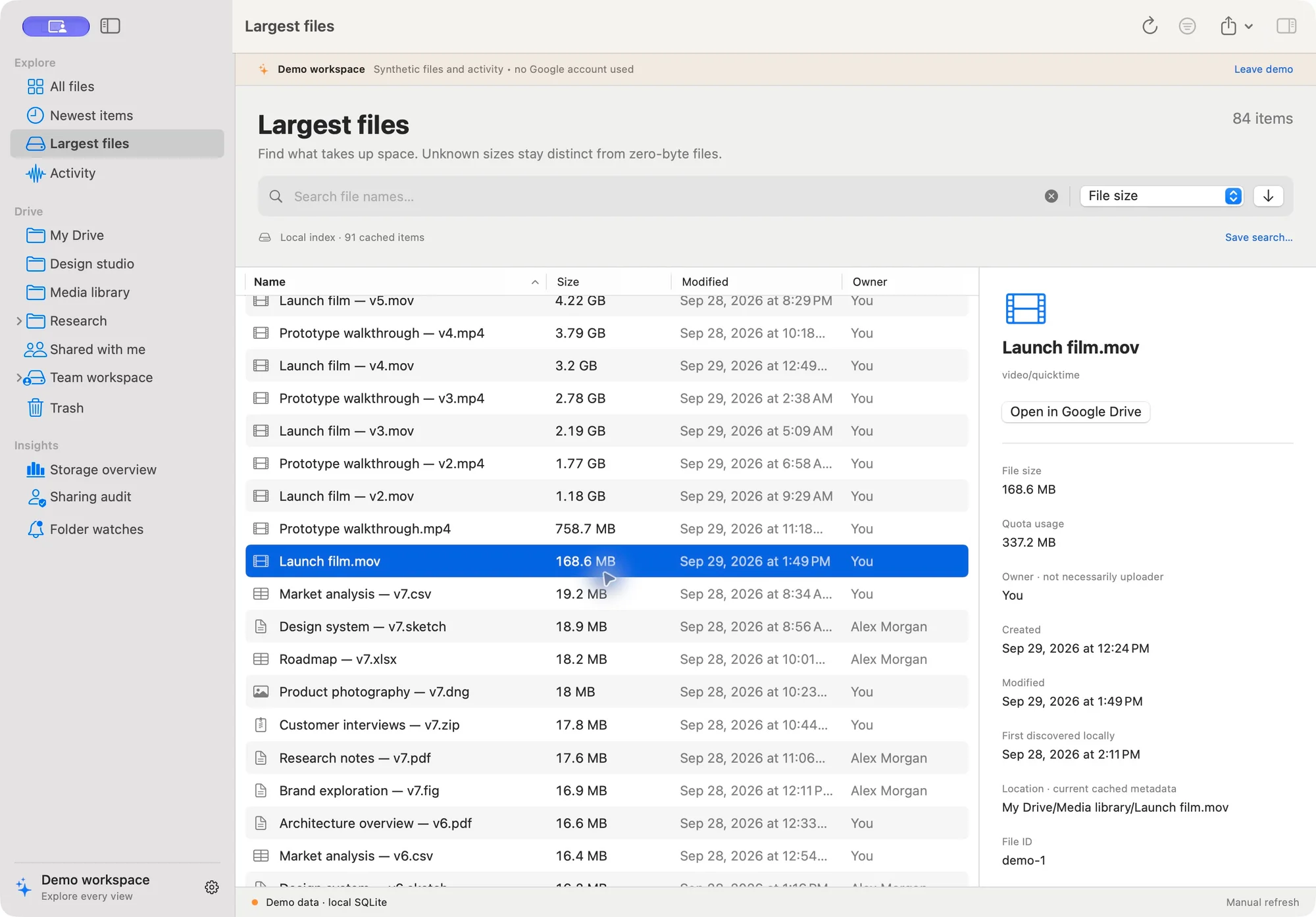 Largest files with metadata inspector