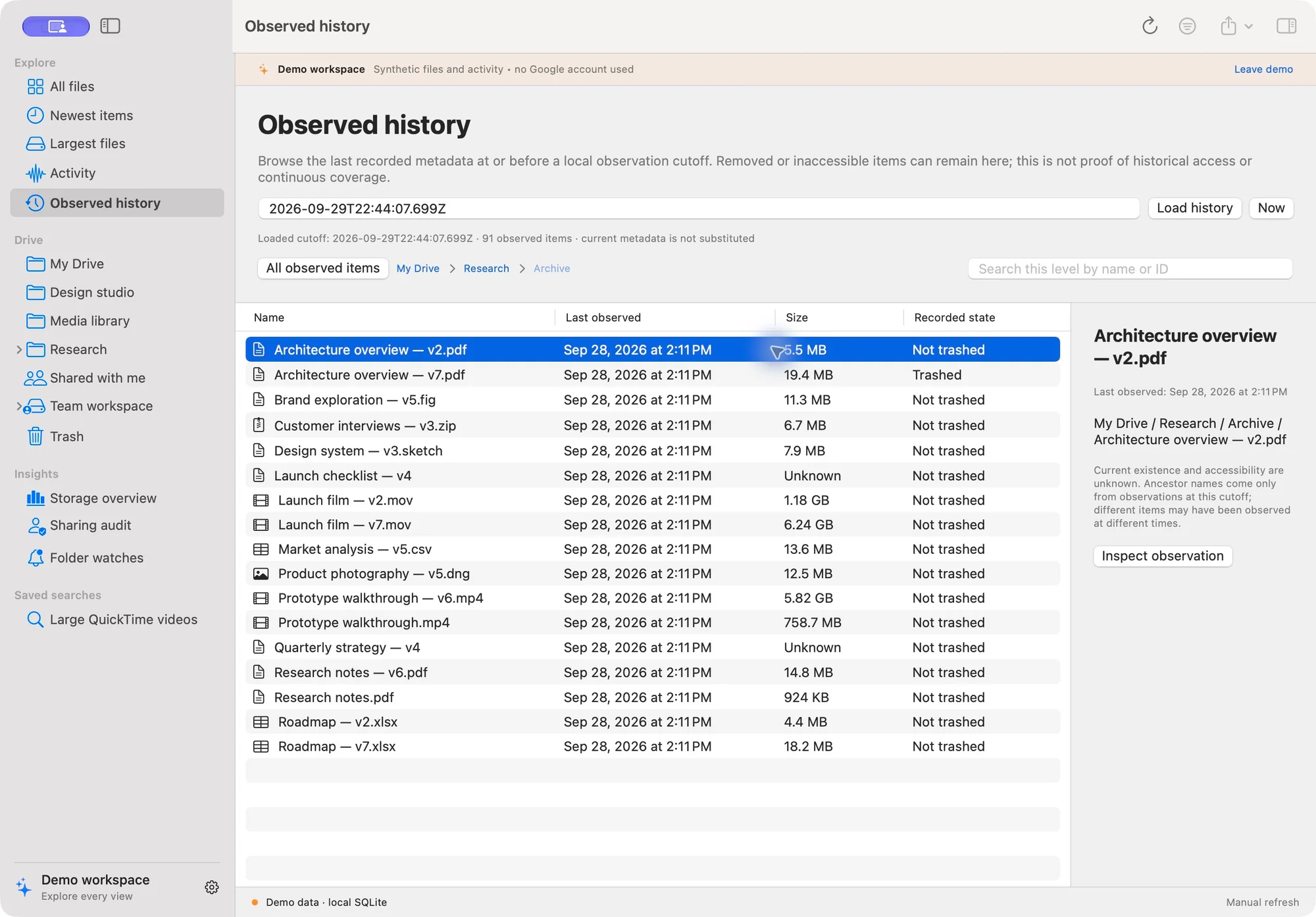 Native observed-history folder browser