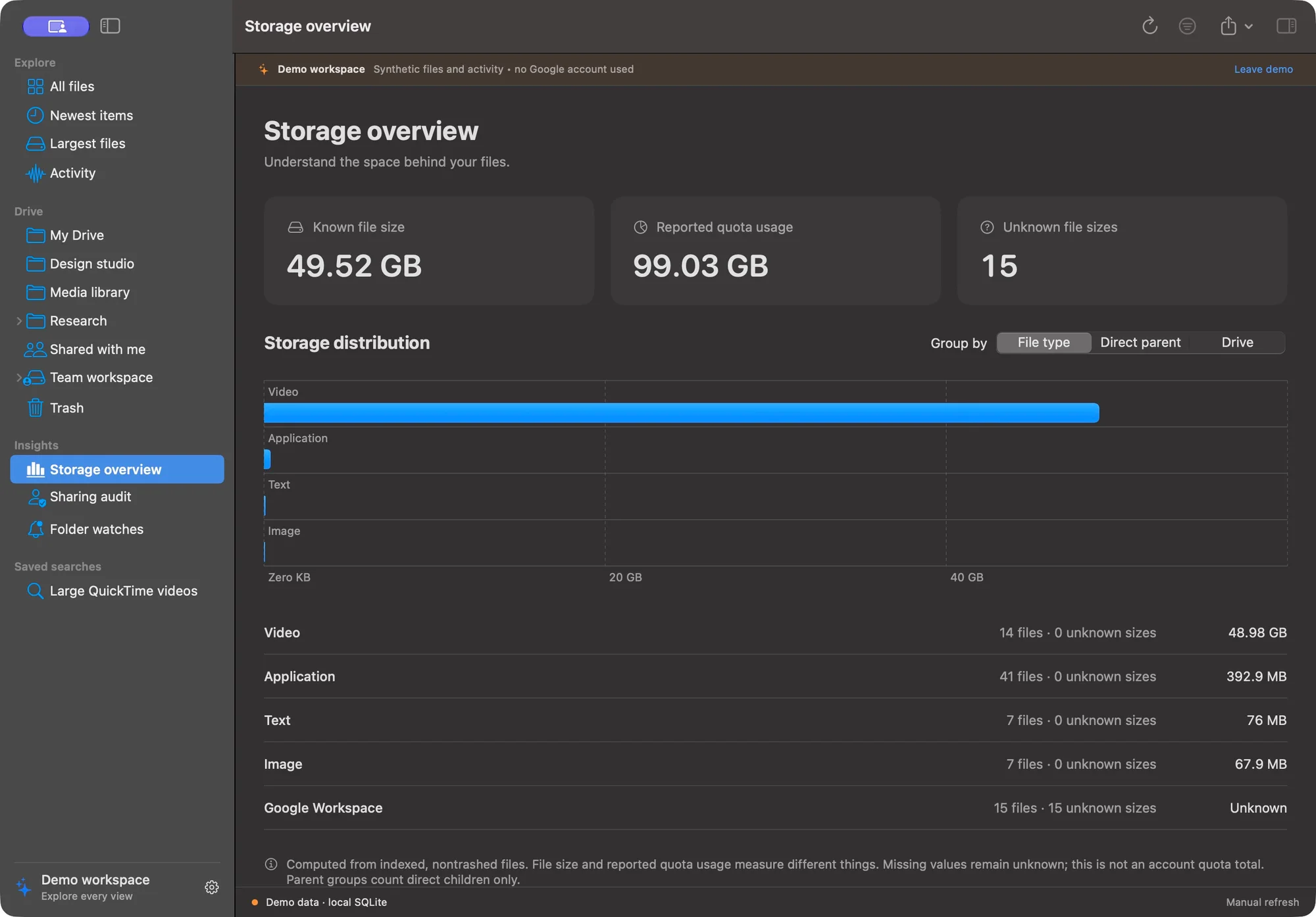 Storage charts in dark appearance