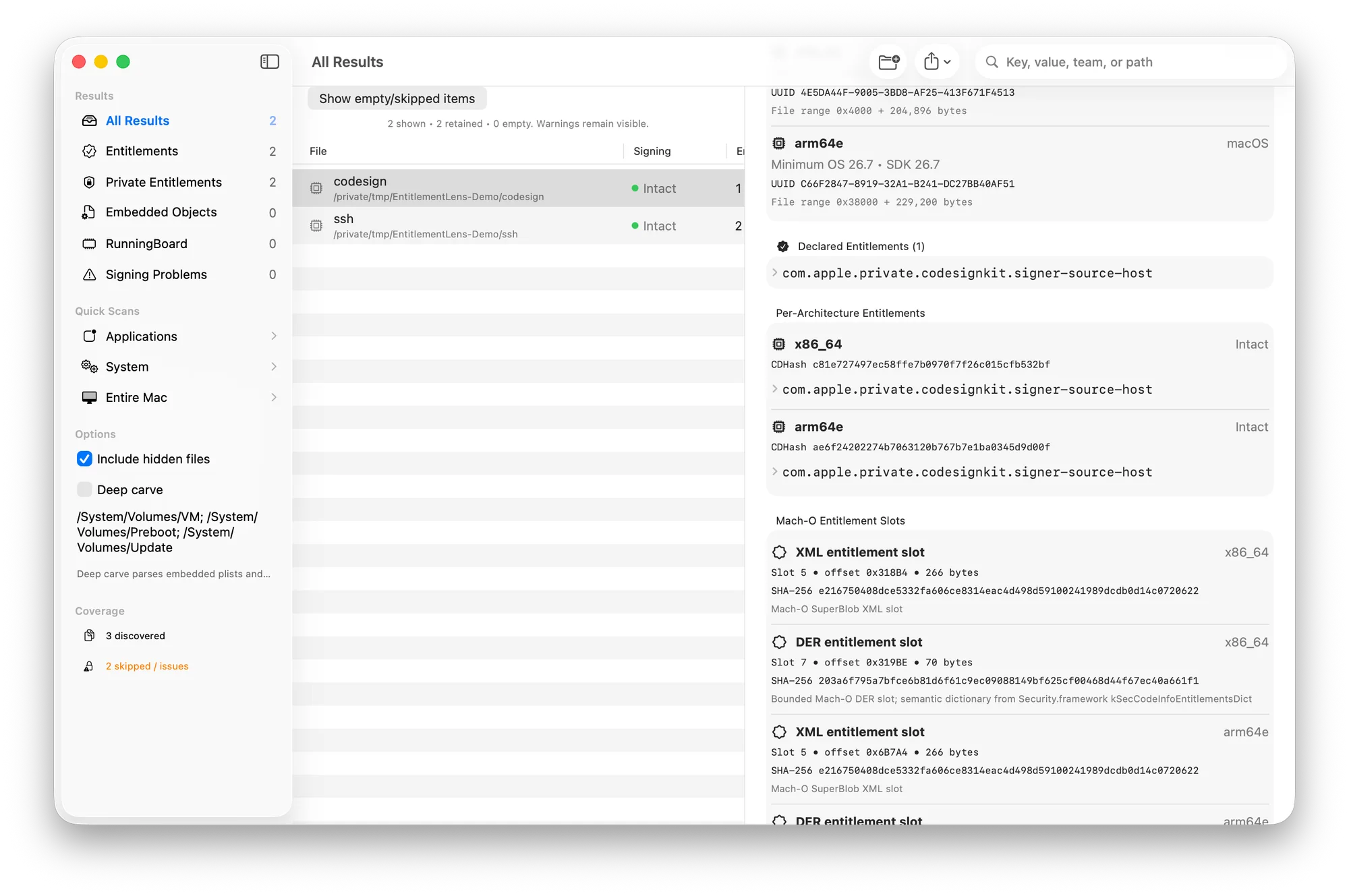 EntitlementLens focused scan showing the result browser and entitlement detail pane