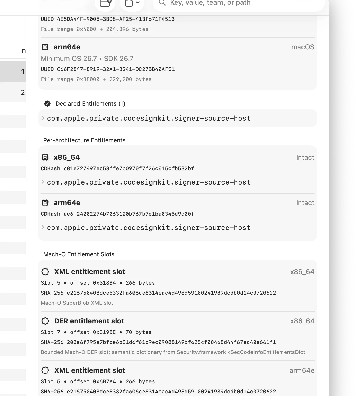 EntitlementLens per-architecture entitlement and XML and DER slot evidence