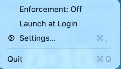 Interface Sentinel menu with enforcement disabled