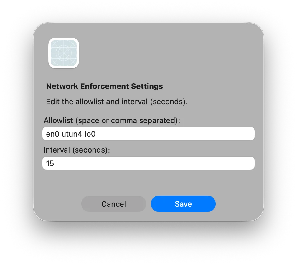 Interface Sentinel network enforcement settings