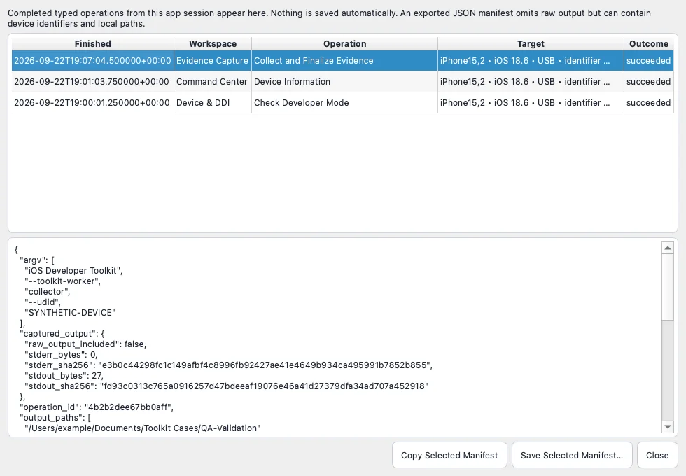 Session Activity and structured operation manifest