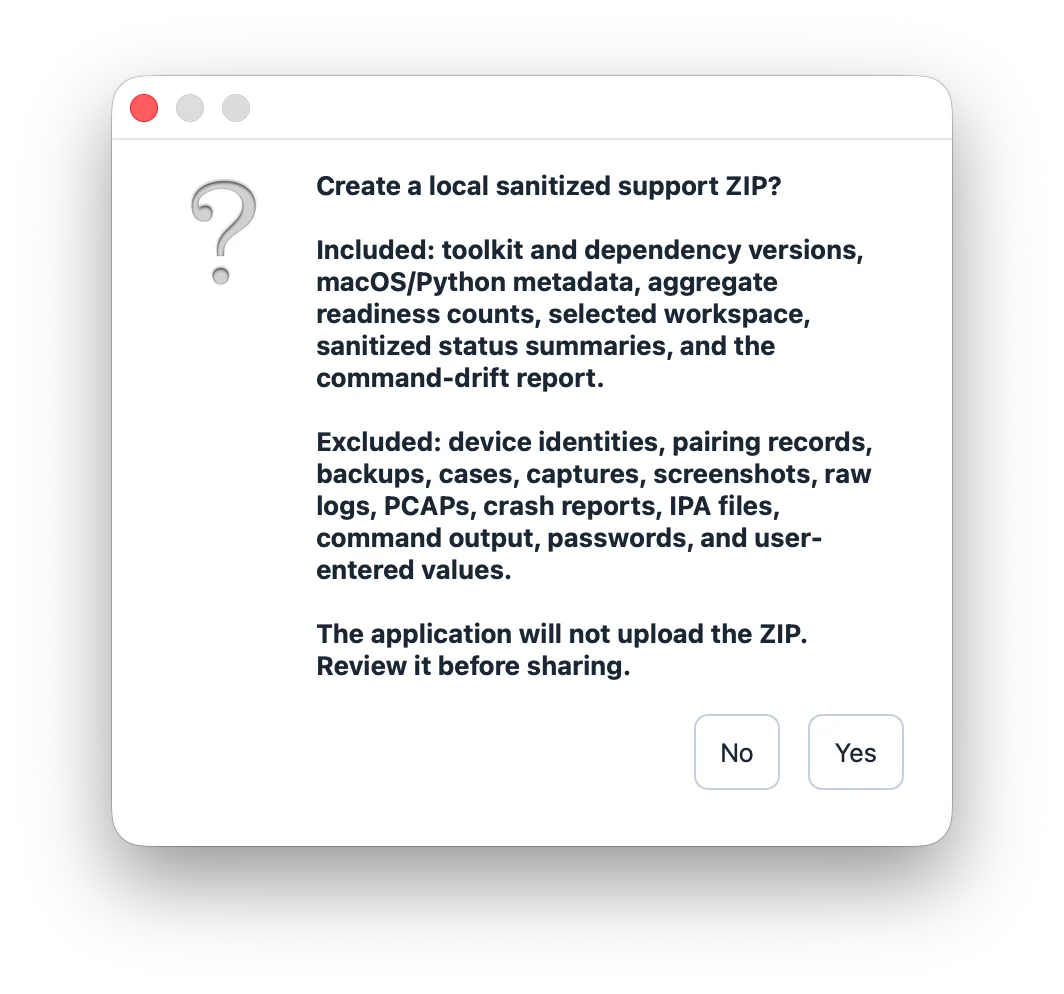 Sanitized support bundle confirmation
