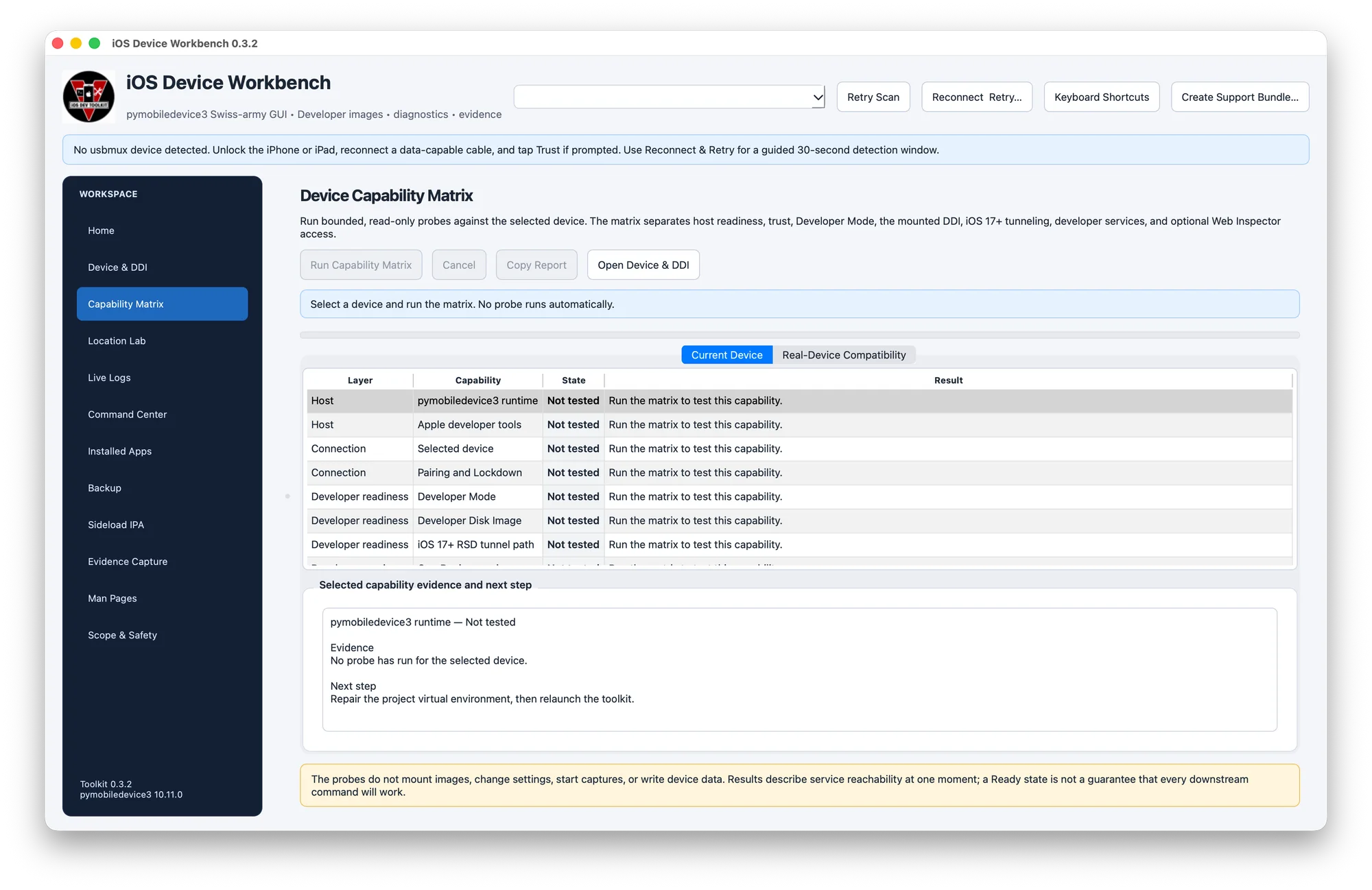 Device Capability Matrix workspace