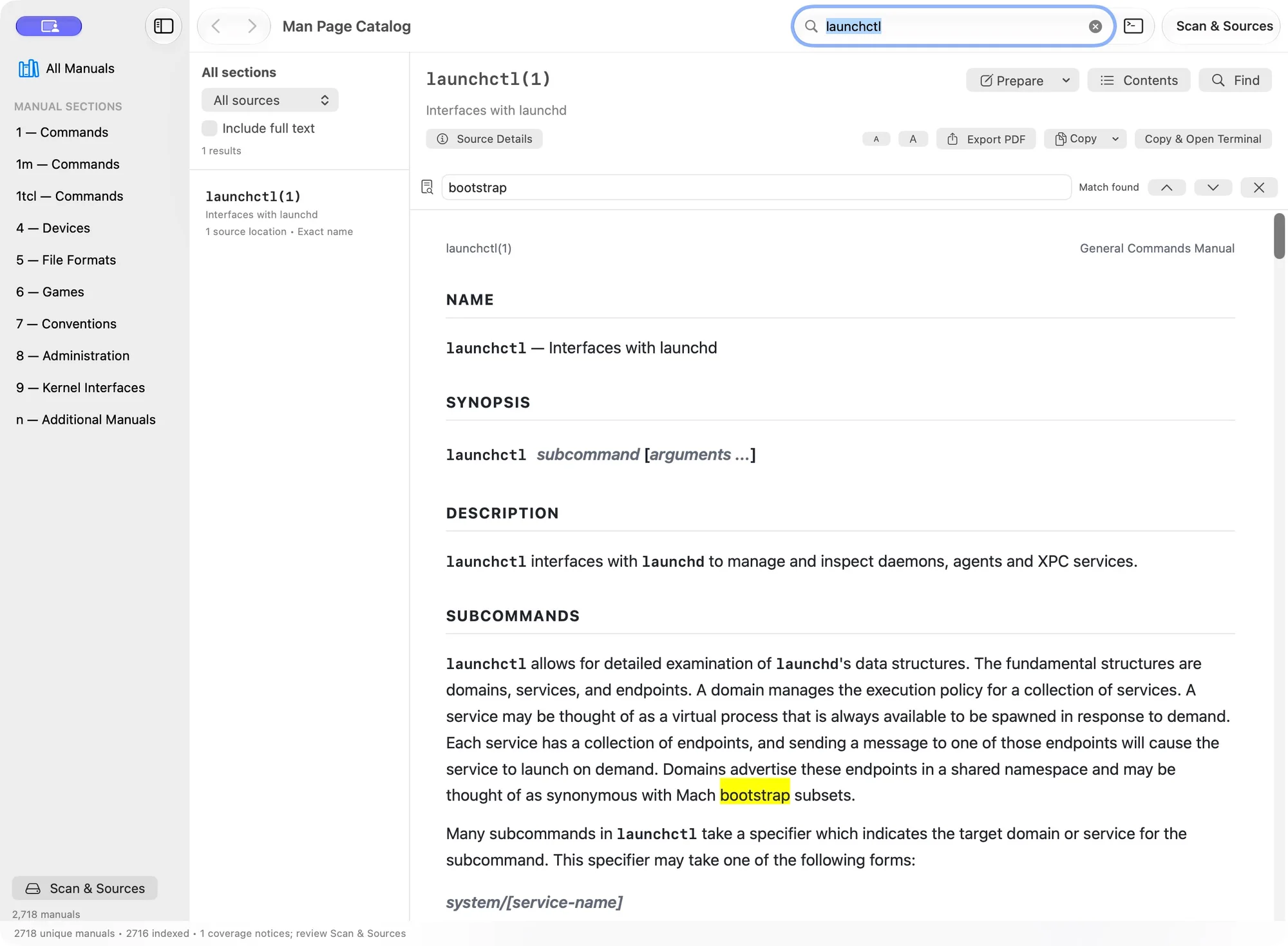 Native reader showing launchctl with separate global search and in-page Find
