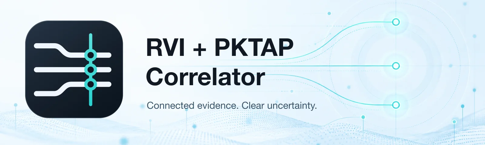 RVI + PKTAP Correlator — Connected evidence. Clear uncertainty. Three independent paths aligned by turquoise observation markers.