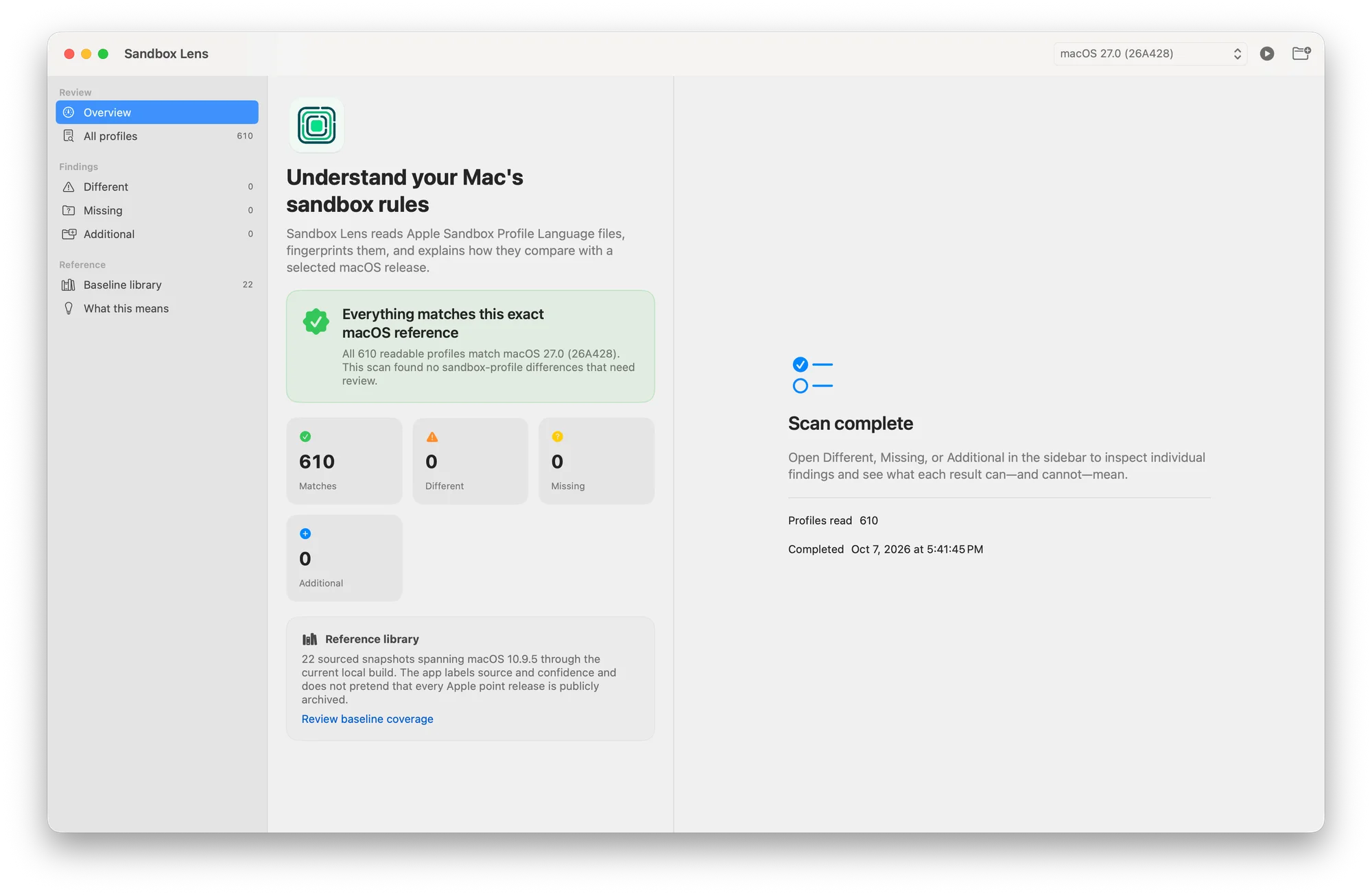 Sandbox Lens showing an exact macOS 27.0 comparison