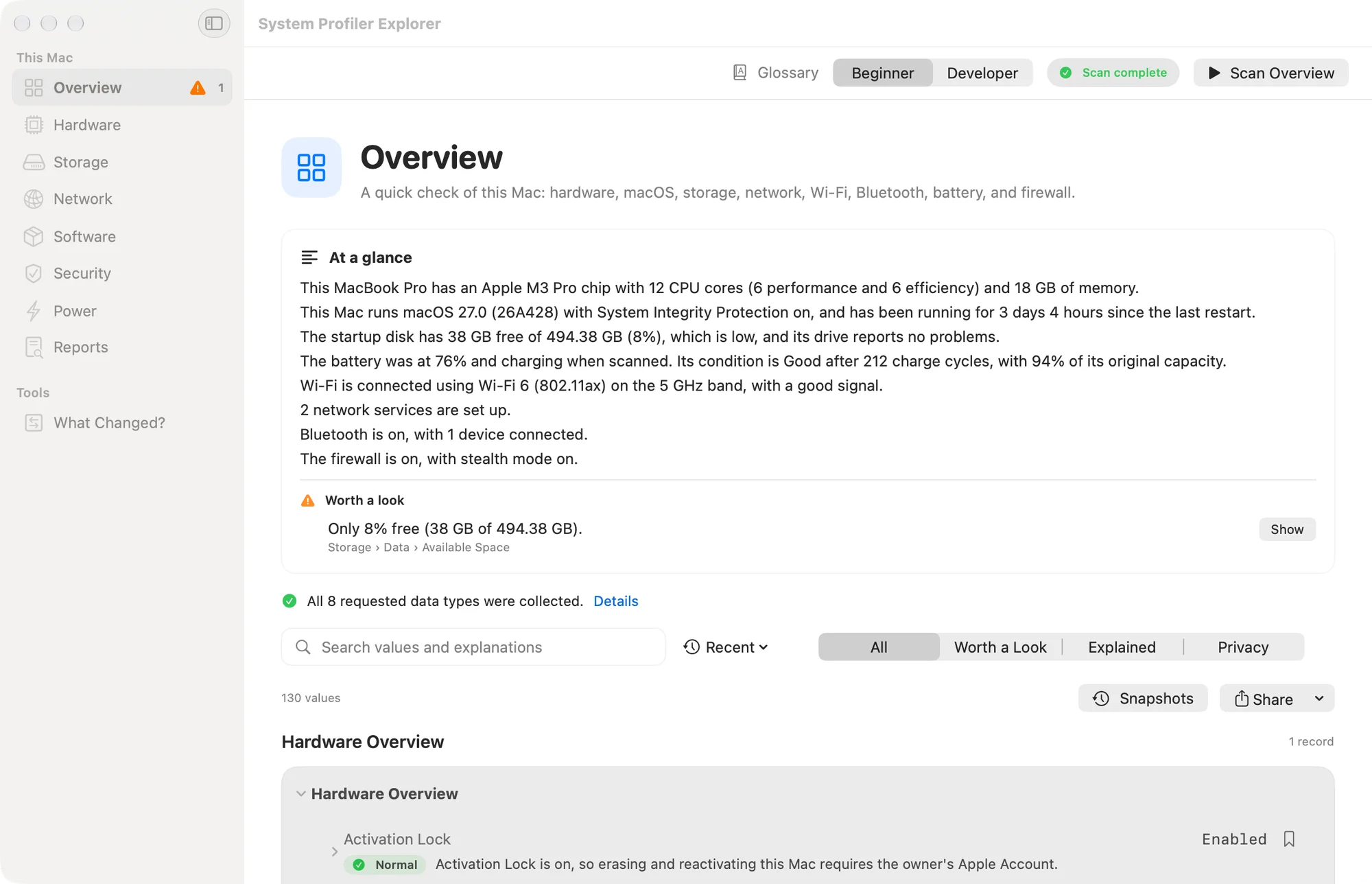 System Profiler Explorer Overview with an At a Glance summary and one value worth a look