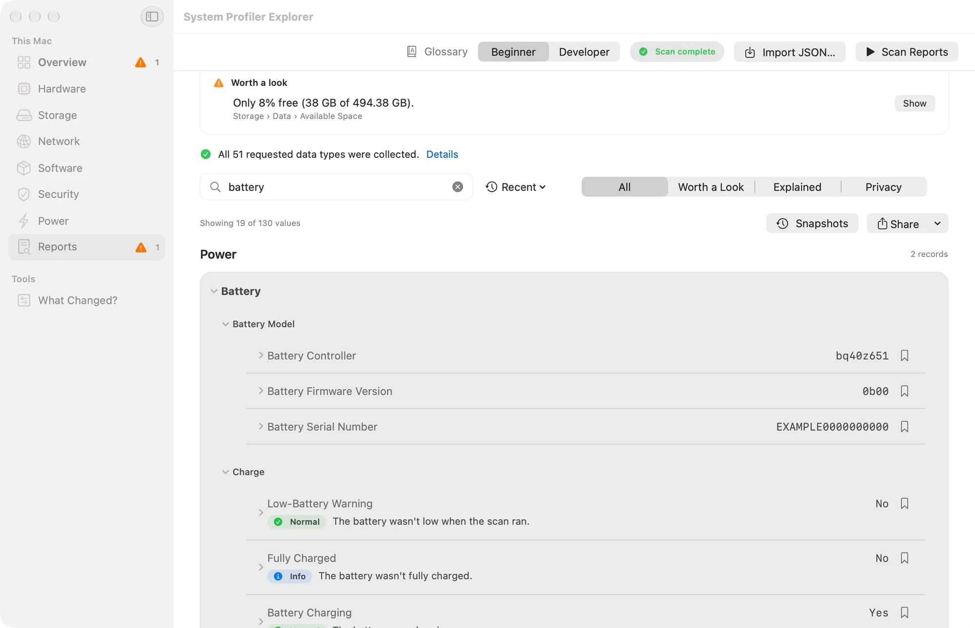 System Profiler Explorer Reports searching for battery values