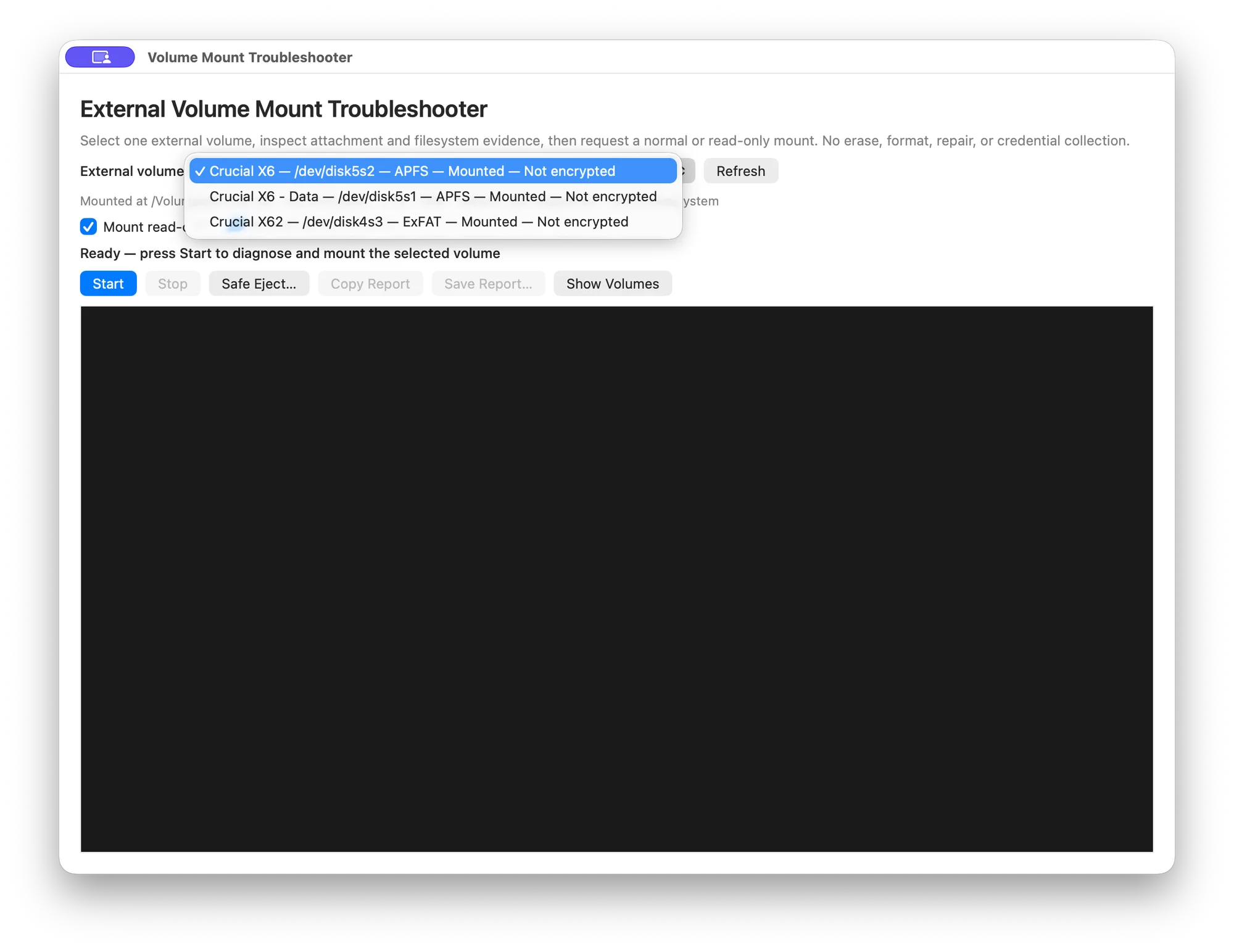 Volume selector showing APFS and ExFAT volumes on the attached external disk
